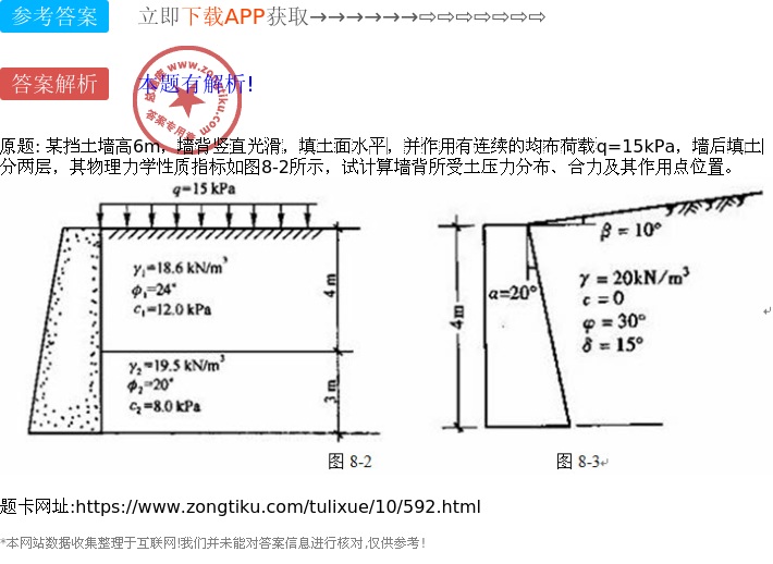 某挡土墙高6m,墙背竖直光滑,填土面水平,并作用有连续