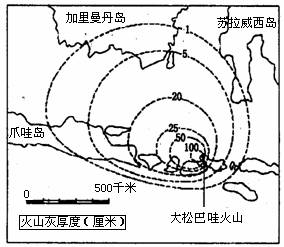 下图表示1816年印度尼西亚大松巴哇火山爆发后火山灰厚度的分布读图