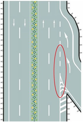 a 道路入口标线 b 可跨越式分道线 c 道路入口减速线 d 道路出口标线